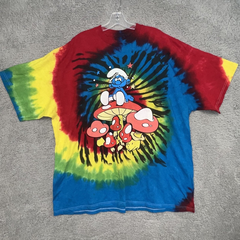 The Smurfs T Shirt 2XL XXL Psychedelic Groovy Tie‎ Dye Brainy Smurf Mushroom Tee